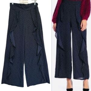 Blu Pepper Polka Dot Cascading Ruffle Wide Leg Pants Size M Navy Elastic Back